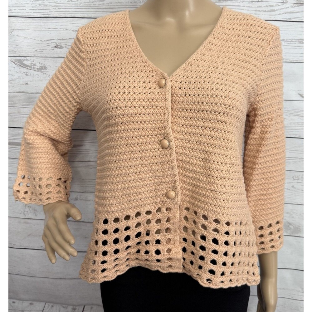 Style & Co. Cardigan Sweater Medium Peach Pastel Cotton Blend 3/4 Sleeve Knit